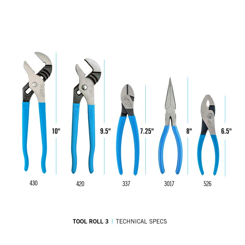 CHANNELLOCK TOOL ROLL-3 5pc Professional Pliers Set with Tool Roll, Made in USA, Includes Straight Jaw Tongue & Groove, Cutting, Long Nose, and Slip Joint Pliers, Forged High Carbon Steel - Image 2